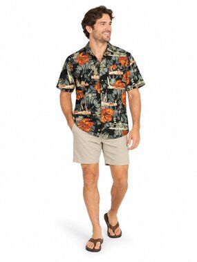 Crossings Mens M Hawaiian Aloha Shirt Orange Hibiscus Sailboat 100% Cotton